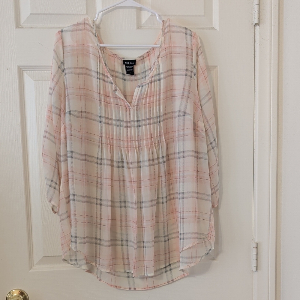 torrid Cream and Pink Plaid Lightweight Peasant Blouse